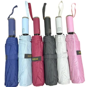 Guarda-chuvas automáticos MBX dobrados em azul escuro, azul claro, vinho, preto, bege e rosa